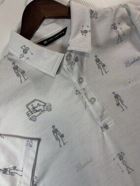 Travis Mathew Men`s White w/ Skeletons & Buckets Golf Polo Shirt Size Medium